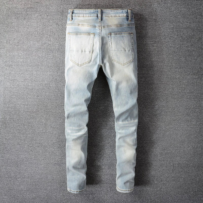 Men Crystal Holes Ripped Patchwork Jeans