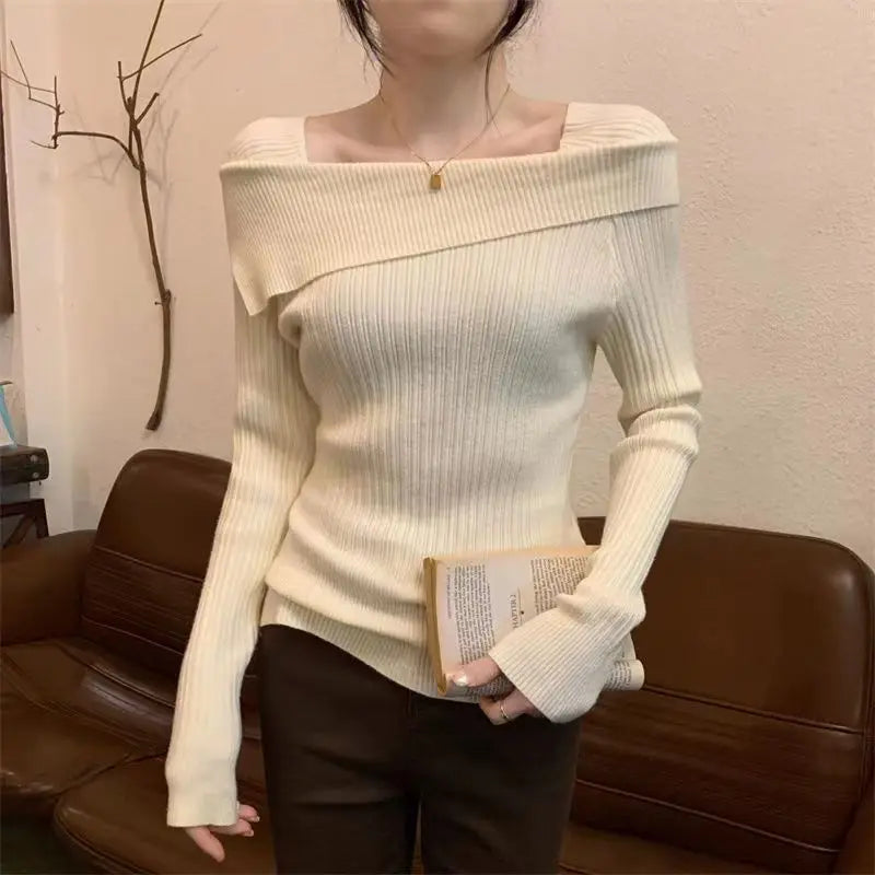 Solid Slim Off Shoulder Slash Neck Long Sleeve Knitting Sweater