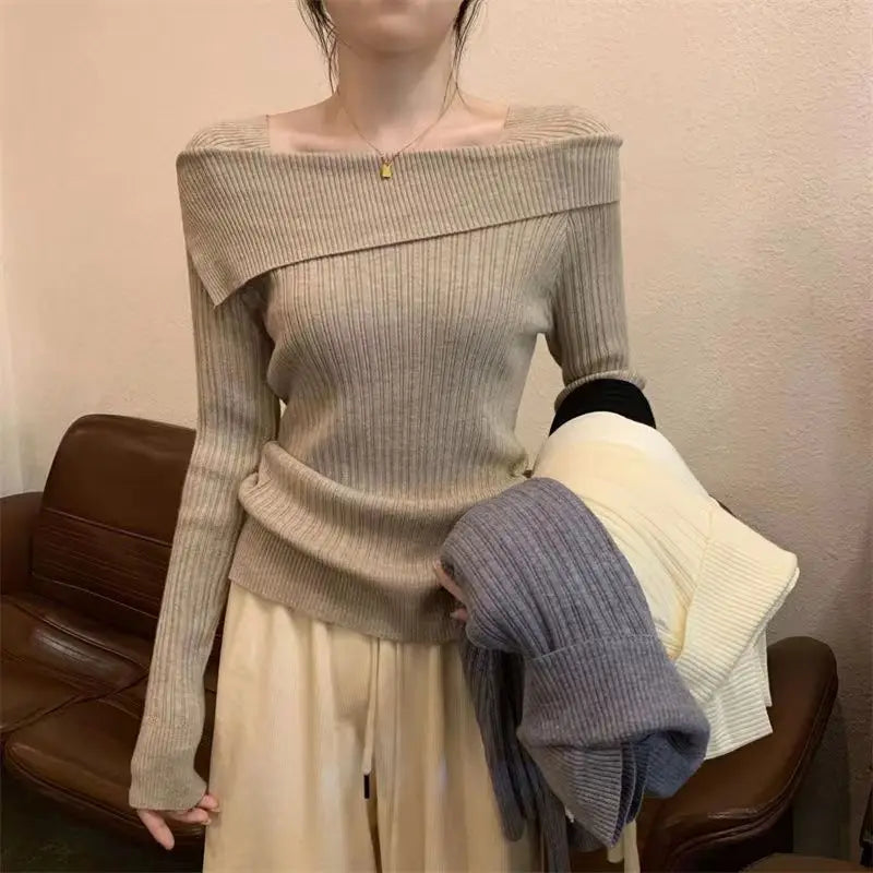 Solid Slim Off Shoulder Slash Neck Long Sleeve Knitting Sweater