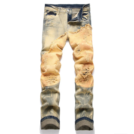 Winter New Yellow Spliced Ripped Jeans