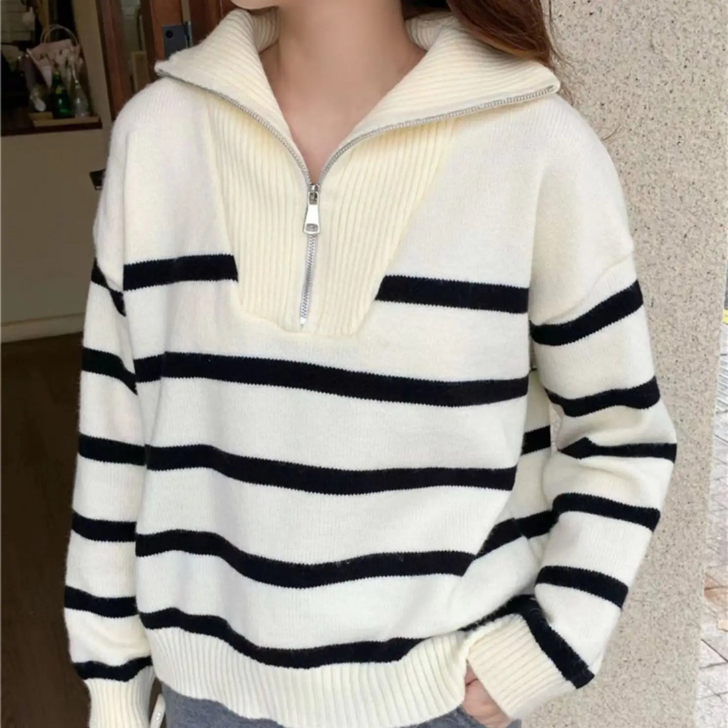 Sweater pullover women New zipper stripe