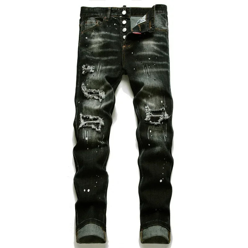 Mens Street Fashion Slim Fit Ripped Black Jeans