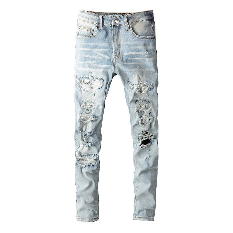 Men Crystal Holes Ripped Patchwork Jeans