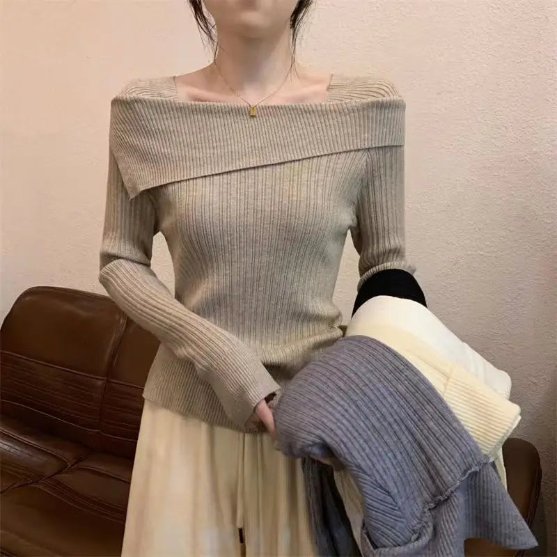 Solid Slim Off Shoulder Slash Neck Long Sleeve Knitting Sweater