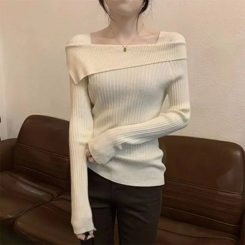 Solid Slim Off Shoulder Slash Neck Long Sleeve Knitting Sweater