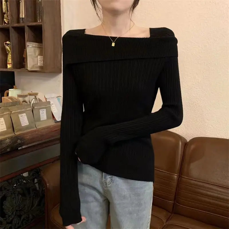 Solid Slim Off Shoulder Slash Neck Long Sleeve Knitting Sweater