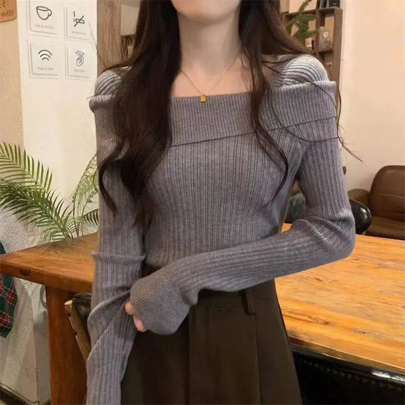 Solid Slim Off Shoulder Slash Neck Long Sleeve Knitting Sweater